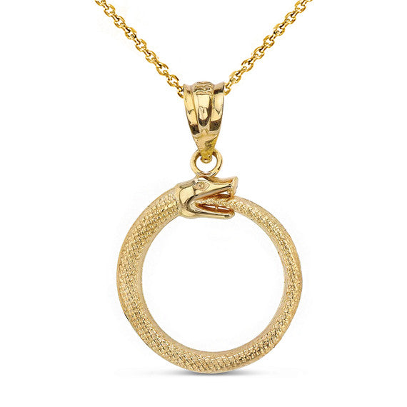 Gold Textured Ouroboros Snake Pendant Necklace (Available in Yellow/Rose/White Gold)