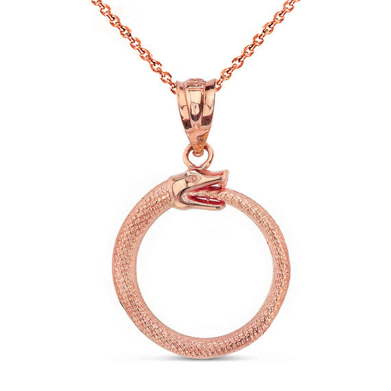 Gold Textured Ouroboros Snake Pendant Necklace (Available in Yellow/Rose/White Gold)