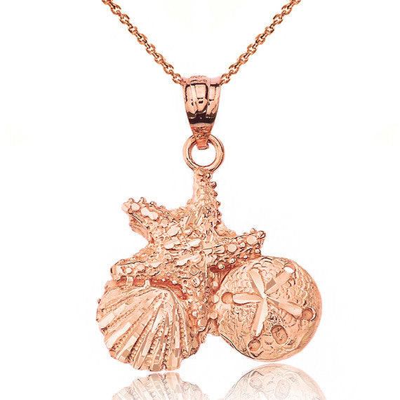 Sparkle Cut Starfish Clam and Sand Dollar Pendant Necklace in Gold (Yellow/Rose/White)