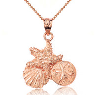 Sparkle Cut Starfish Clam and Sand Dollar Pendant Necklace in Gold (Yellow/Rose/White)