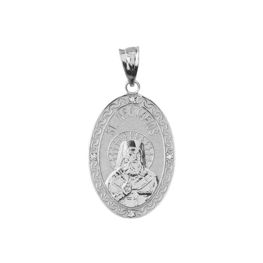 Sterling Silver Greek Orthodox Saint Nectarios of Aegina Engravable CZ Medallion Oval Pendant Necklace 1.00" (25 mm)