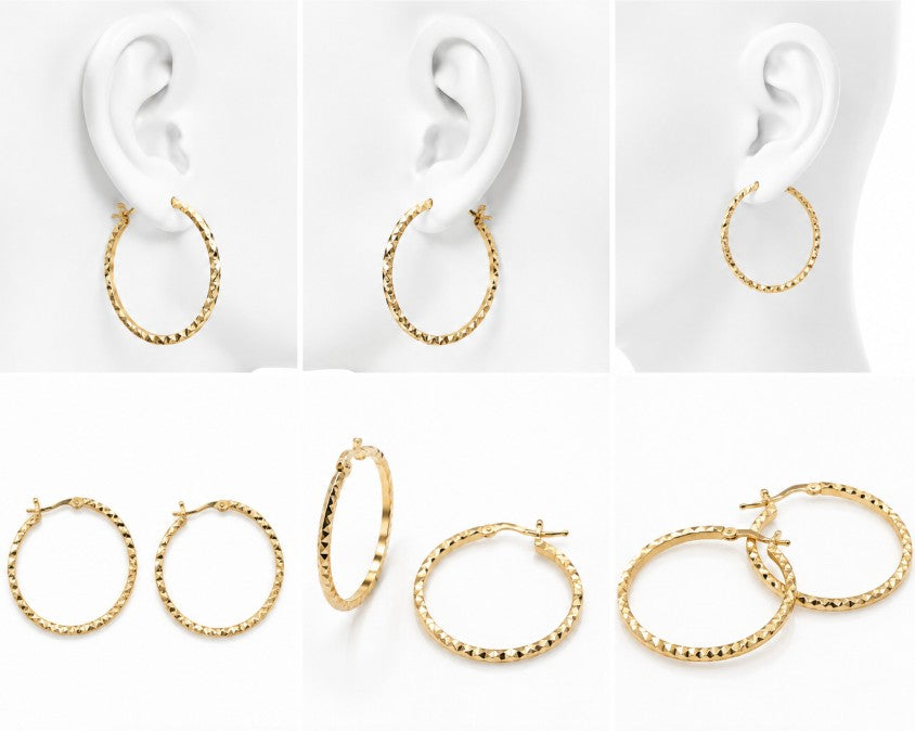 10K Yellow Gold Diamond Cut Round Hoops Earrings