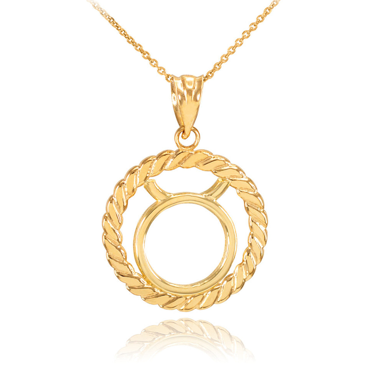 12 Gold Astrological Zodiac Sign in Circle Rope Pendant Necklace (Available in Yellow/Rose/White Gold)