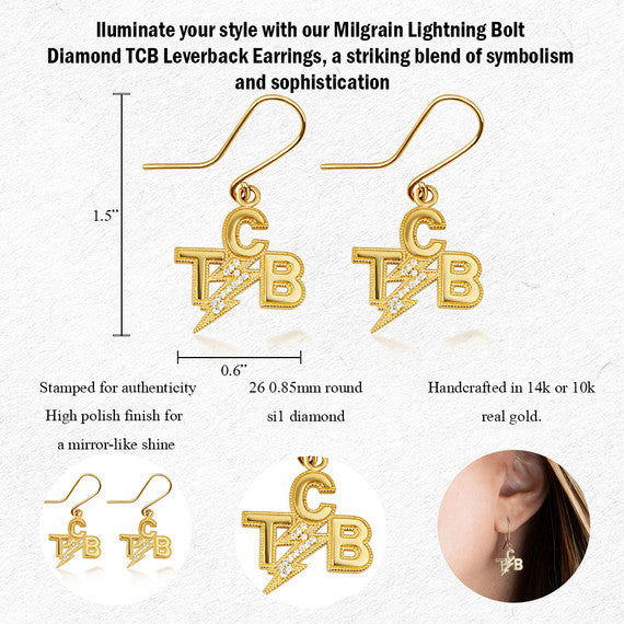 Gold Milgrain Lightning Bolt Diamond TCB (Taking Care of Business) Leverback Earrings (Available in Yellow/Rose/White Gold)