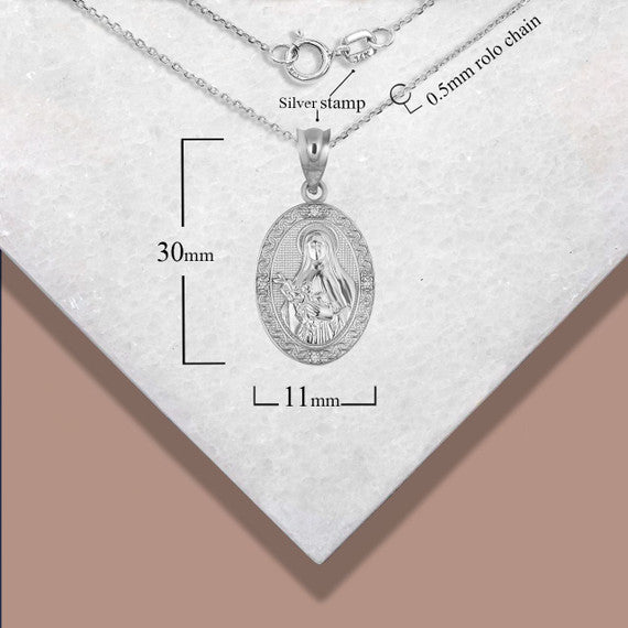 925 Sterling Silver Engravable Patron Saint Therese Of Lisieux Cubic Zirconia Oval Medallion Pendant Necklace