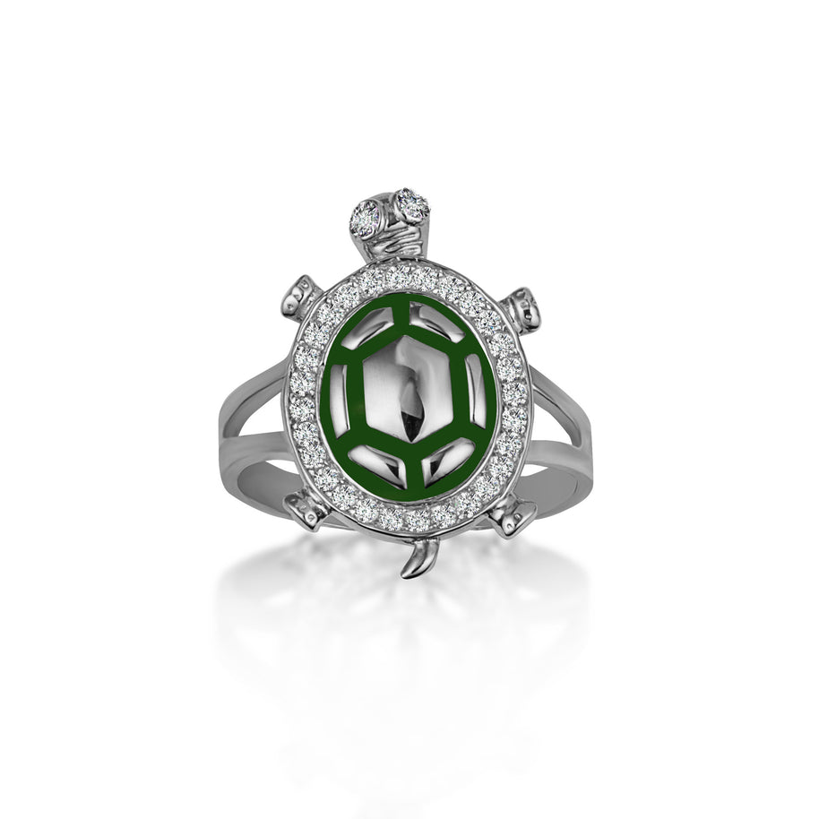 Gold Enamel Sea Turtle Cubic Zirconia Studded Ring 1mm (Available in Yellow/Rose/White Gold)