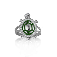 Gold Enamel Sea Turtle Cubic Zirconia Studded Ring 1mm (Available in Yellow/Rose/White Gold)
