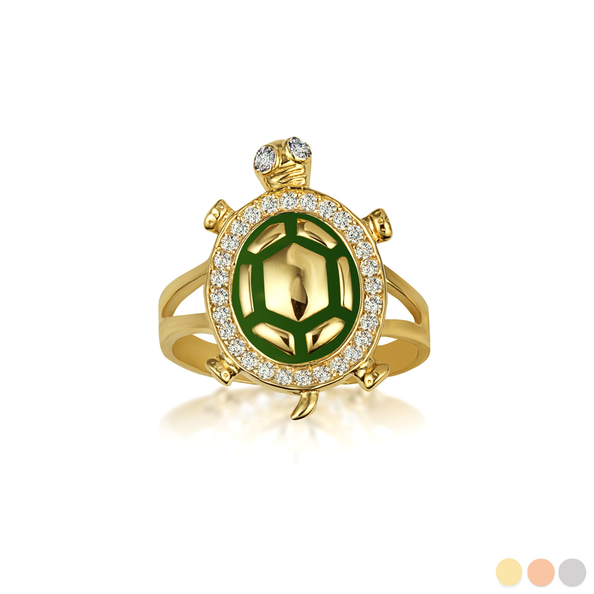 Gold Enamel Sea Turtle Cubic Zirconia Studded Ring 1mm (Available in Yellow/Rose/White Gold)