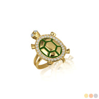Gold Enamel Sea Turtle Cubic Zirconia Studded Ring 1.5mm (Available in Yellow/Rose/White Gold)