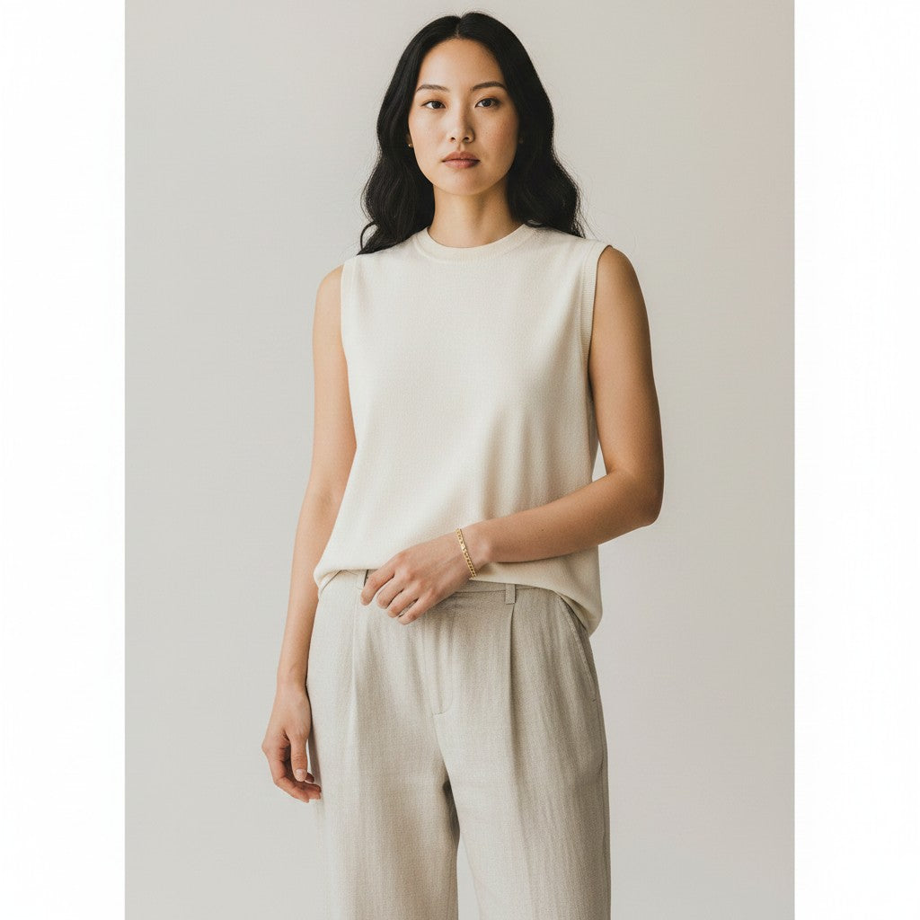 TYS Jewelers 10K yellow gold curb Cuban bracelet worn by a woman in a cream sleeveless top and linen trousers