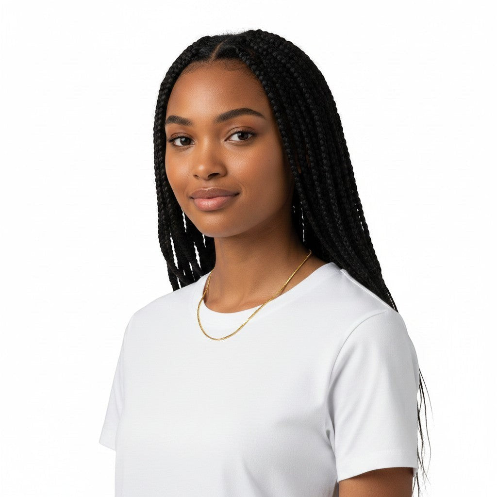 TYS Jewelers 10K yellow gold box chain necklace worn by a woman with braided hair against a white background