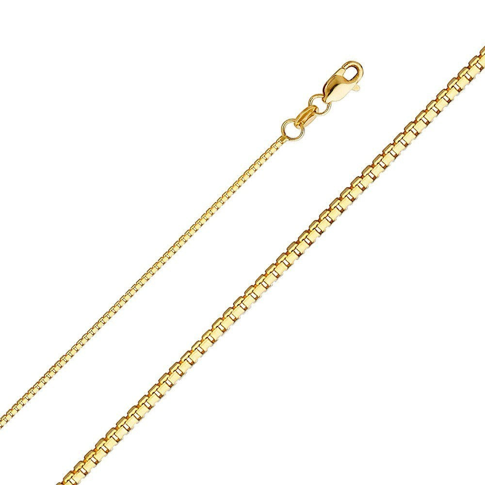 TYS Jewelers 10K yellow gold box chain necklace with uniform square links and a secure lobster clasp closure.