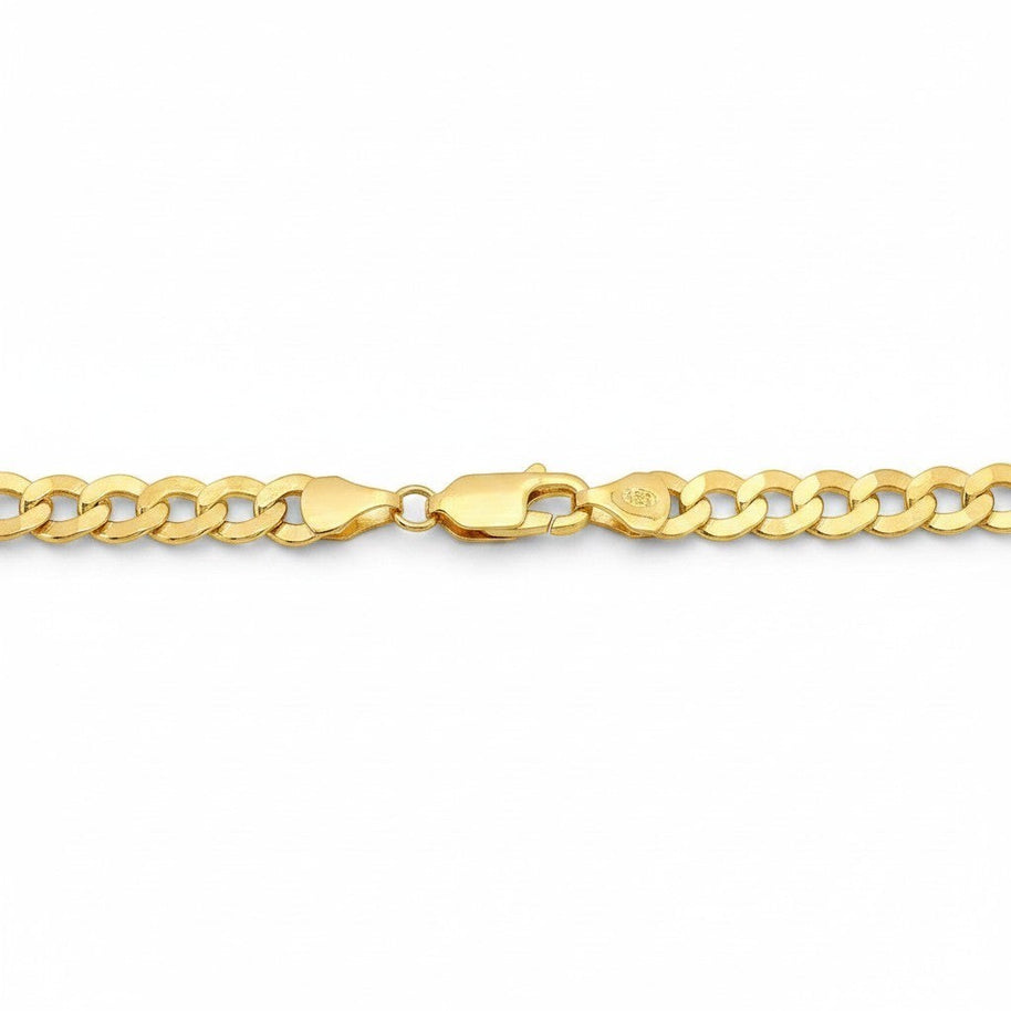 TYS Jewelers 10K yellow gold Cuban curb chain featuring a secure lobster claw clasp on a white background.