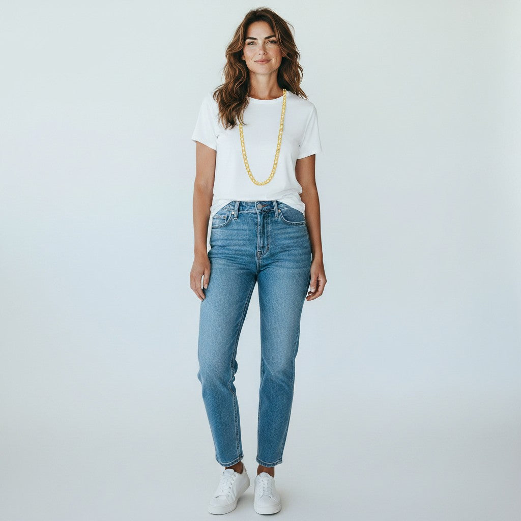Woman wearing a TYS Jewelers 10K yellow gold mariner chain with a white t-shirt and blue jeans