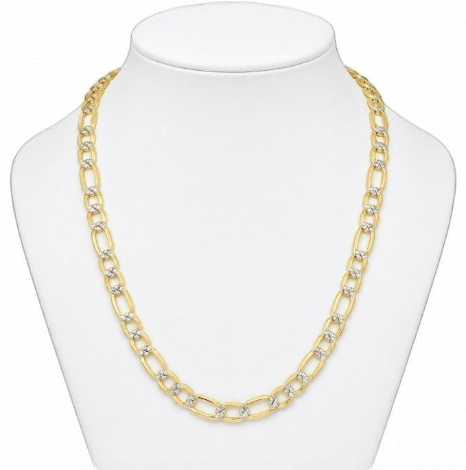 TYS Jewelers 10K yellow gold two-tone figaro chain with diamond-cut detailing on a white jewelry display bust.
