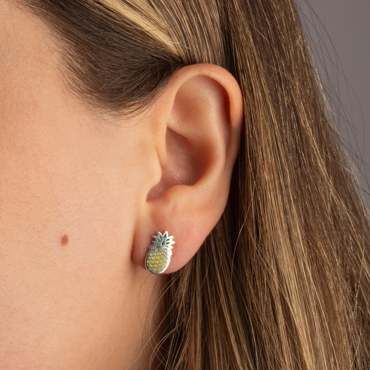.925 Sterling Silver Enamel Pineapple Fruit Stud Earrings