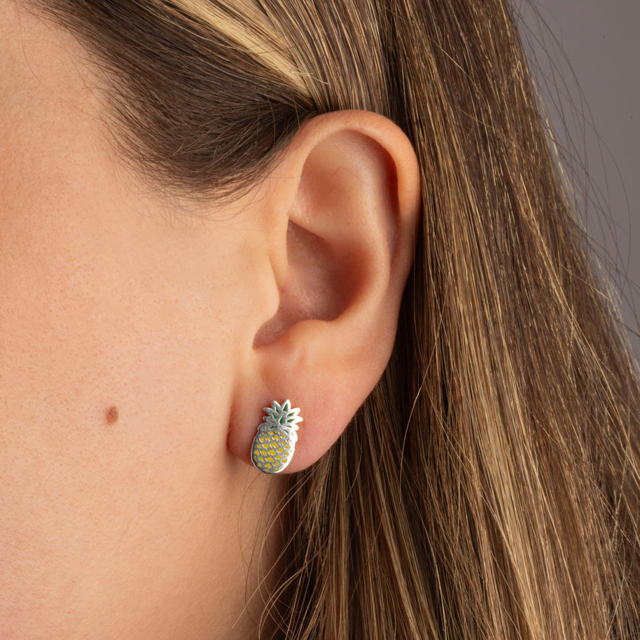 .925 Sterling Silver Enamel Pineapple Fruit Stud Earrings