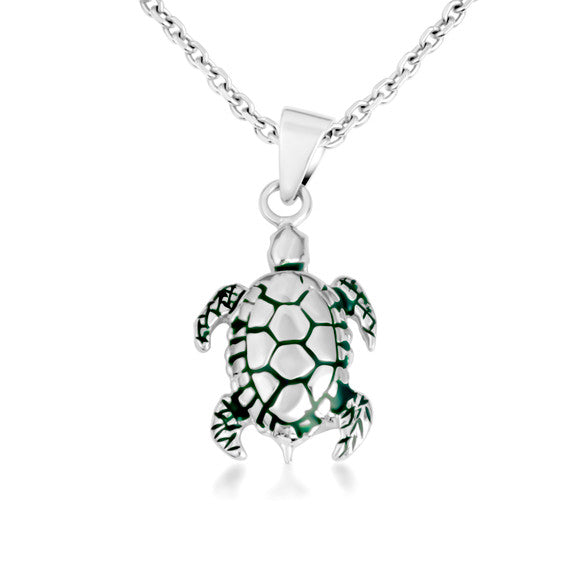 .925 Sterling Silver Green Enamel Sea Turtle Pendant Necklace