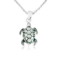 .925 Sterling Silver Green Enamel Sea Turtle Pendant Necklace