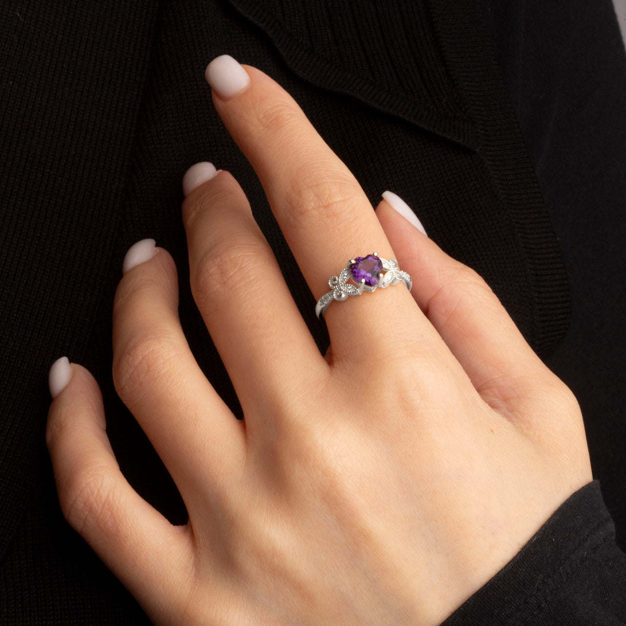 .925 Sterling Silver Personalized Heart Cut Birthstone Diamond Butterfly Ring