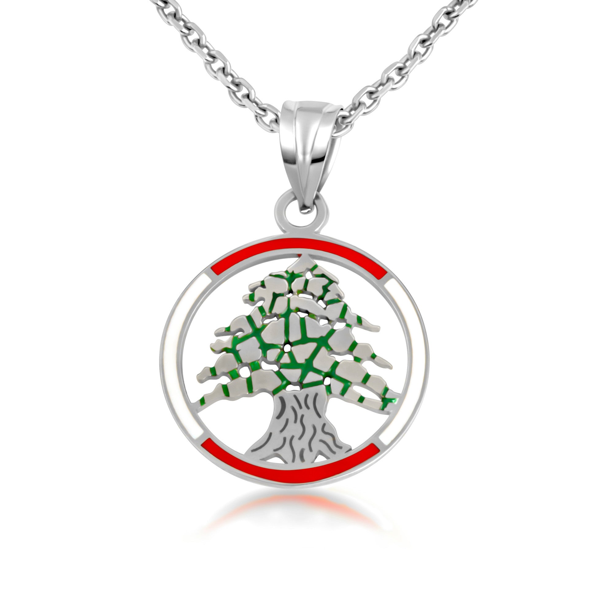 Gold Enamel Cedar Tree of Lebanon Circle Pendant Necklace (Available in Yellow/Rose/White Gold)