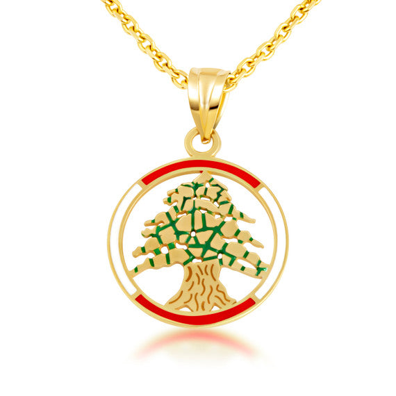 Gold Enamel Cedar Tree of Lebanon Circle Pendant Necklace (Available in Yellow/Rose/White (Gold)