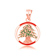 Gold Enamel Cedar Tree of Lebanon Circle Pendant Necklace (Available in Yellow/Rose/White (Gold)