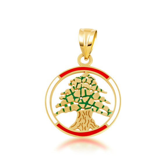 Gold Enamel Cedar Tree of Lebanon Circle Pendant Necklace (Available in Yellow/Rose/White (Gold)