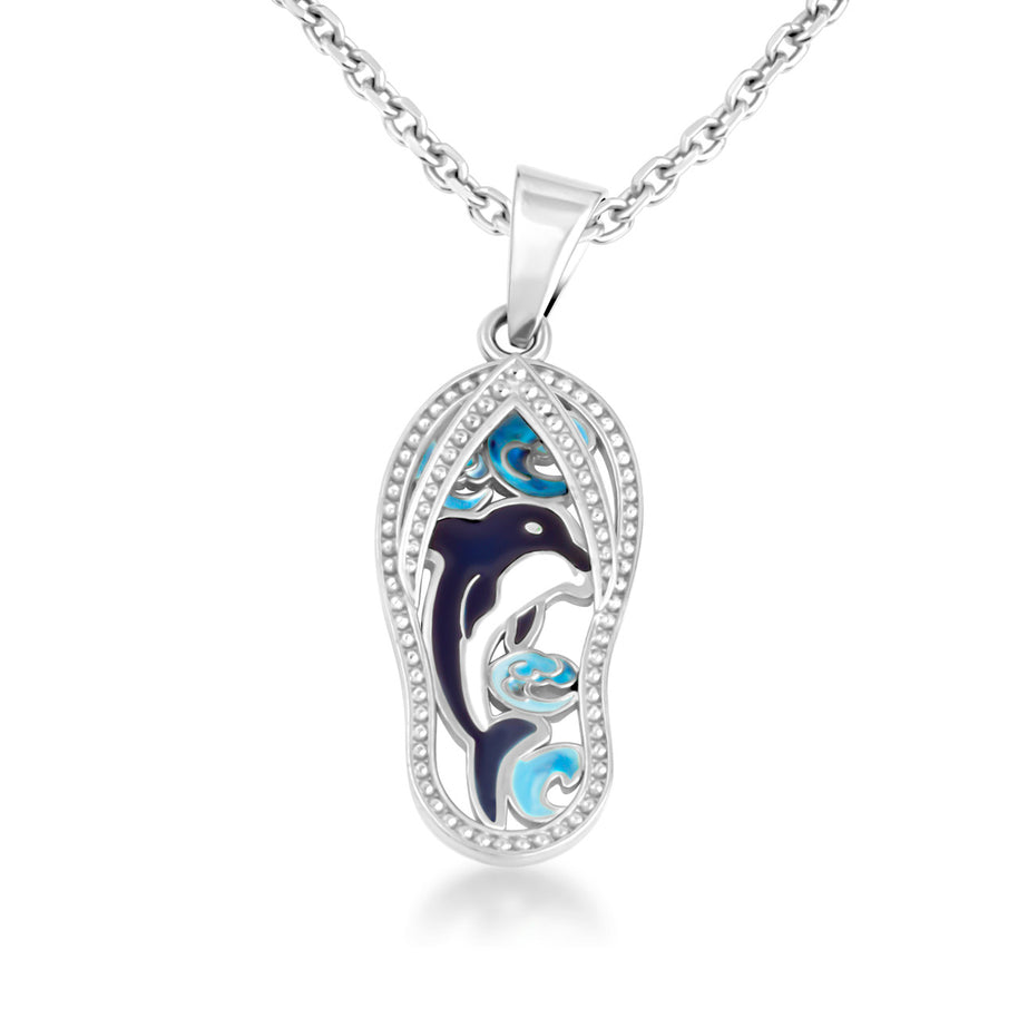 .925 Sterling Silver Blue Enamel Marine Dolphin Sandals Beach Flip-Flops Milgrain Pendant Necklace (Available in Small/Medium/Large)
