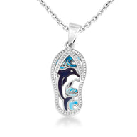 .925 Sterling Silver Blue Enamel Marine Dolphin Sandals Beach Flip-Flops Milgrain Pendant Necklace (Available in Small/Medium/Large)