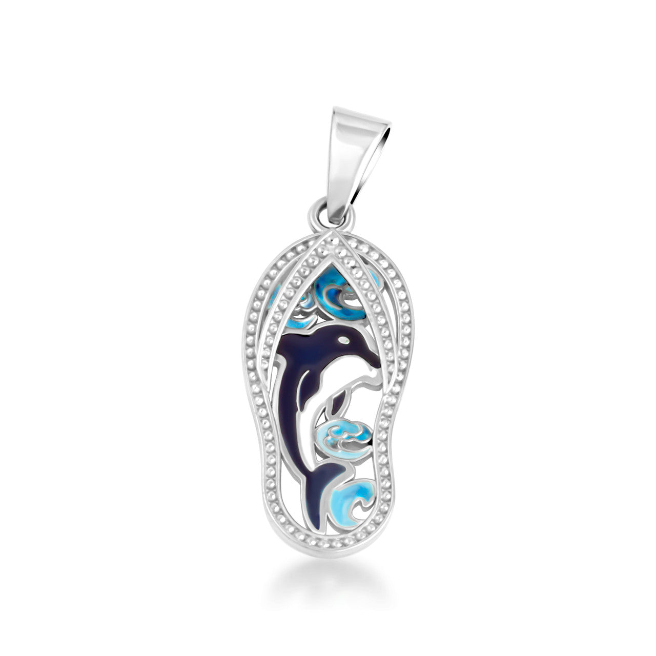 .925 Sterling Silver Blue Enamel Marine Dolphin Sandals Beach Flip-Flops Milgrain Pendant Necklace (Available in Small/Medium/Large)