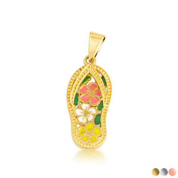 Gold Enamel Flower Sandals Beach Flip-Flops Milgrain Pendant Necklace (Available in Yellow/Rose/White Gold)