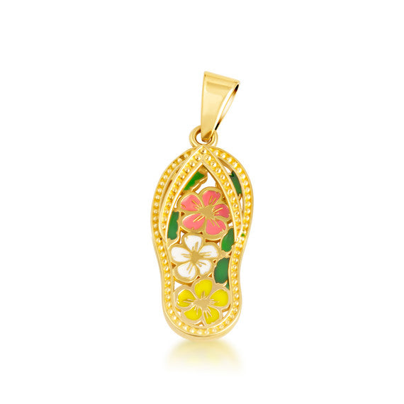 Gold Enamel Flower Sandals Beach Flip-Flops Milgrain Pendant Necklace (Available in Yellow/Rose/White Gold)