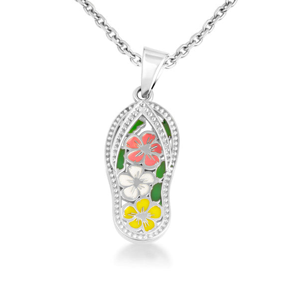Gold Enamel Flower Sandals Beach Flip-Flops Milgrain Pendant Necklace (Available in Yellow/Rose/White Gold)