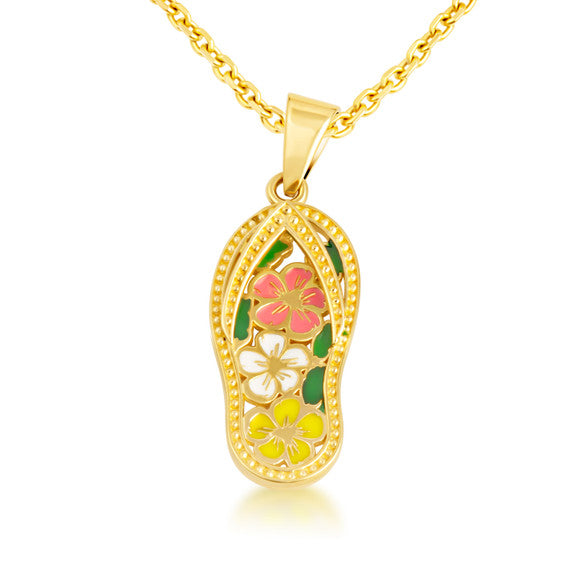 Gold Enamel Flower Sandals Beach Flip-Flops Milgrain Pendant Necklace (Available in Yellow/Rose/White Gold)
