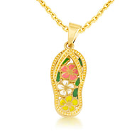 Gold Enamel Flower Sandals Beach Flip-Flops Milgrain Pendant Necklace (Available in Yellow/Rose/White Gold)
