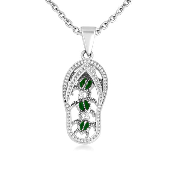 .925 Sterling Silver Green Enamel Sea Turtle Sandals Beach Flip-Flops Milgrain Pendant Necklace (Available in Small/Medium/Large)
