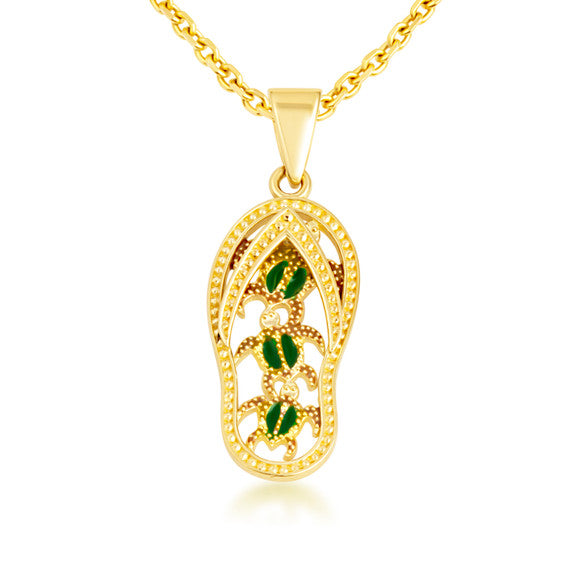 Gold Green Enamel Sea Turtle Sandals Beach Flip-Flops Milgrain Pendant Necklace (Available in Small/Medium/Large & Yellow/Rose/White Gold)
