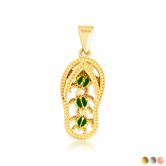 Gold Green Enamel Sea Turtle Sandals Beach Flip-Flops Milgrain Pendant Necklace (Available in Small/Medium/Large & Yellow/Rose/White Gold)