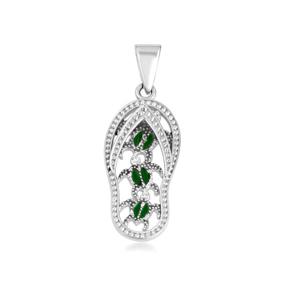 Gold Green Enamel Sea Turtle Sandals Beach Flip-Flops Milgrain Pendant Necklace (Available in Small/Medium/Large & Yellow/Rose/White Gold)