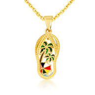 Gold Enamel Palm Tree Sandals Beach Flip-Flops Milgrain Pendant Necklace (Available in Small/Medium/Large & Yellow/Rose/White Gold)