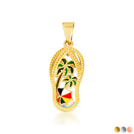 Gold Enamel Palm Tree Sandals Beach Flip-Flops Milgrain Pendant Necklace (Available in Small/Medium/Large & Yellow/Rose/White Gold)
