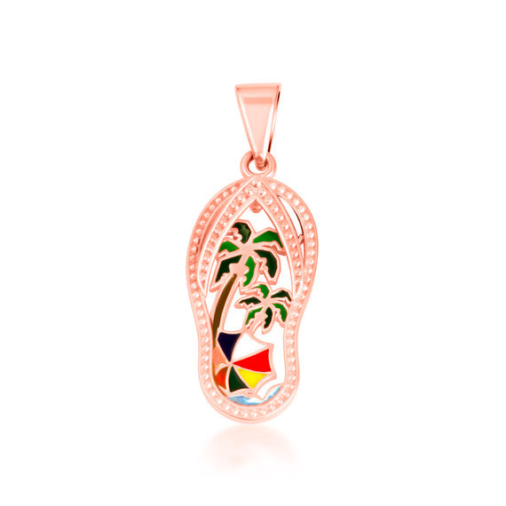 Gold Enamel Palm Tree Sandals Beach Flip-Flops Milgrain Pendant Necklace (Available in Small/Medium/Large & Yellow/Rose/White Gold)