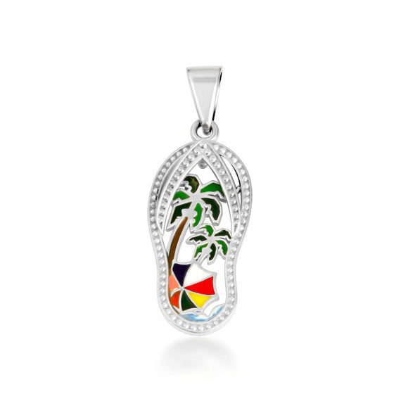 Gold Enamel Palm Tree Sandals Beach Flip-Flops Milgrain Pendant Necklace (Available in Small/Medium/Large & Yellow/Rose/White Gold)