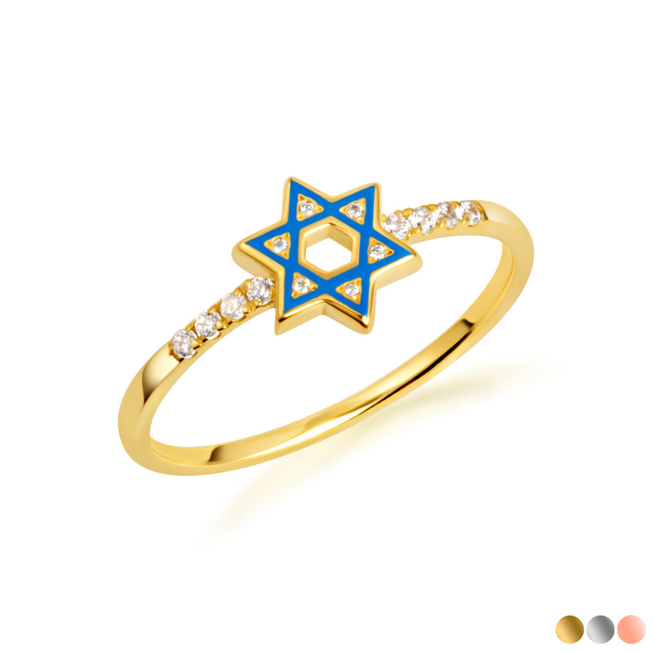 Gold Blue Enamel Jewish Star of David Lab Grown Diamond Ring (Available in Yellow/Rose/White Gold)