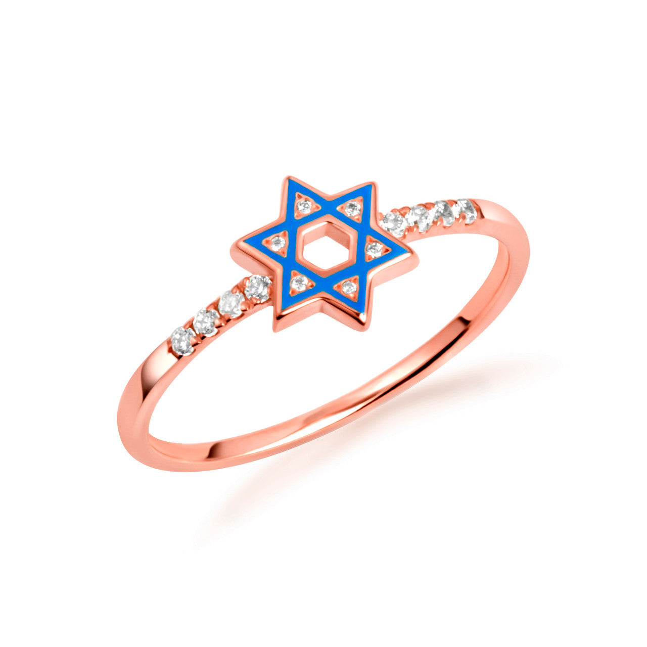 Gold Blue Enamel Jewish Star of David Lab Grown Diamond Ring (Available in Yellow/Rose/White Gold)