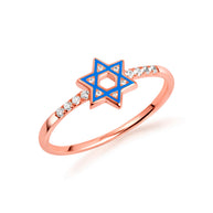 Gold Blue Enamel Jewish Star of David Lab Grown Diamond Ring (Available in Yellow/Rose/White Gold)