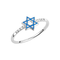 Gold Blue Enamel Jewish Star of David Lab Grown Diamond Ring (Available in Yellow/Rose/White Gold)