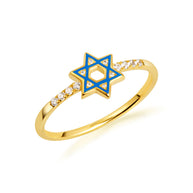 Gold Blue Enamel Jewish Star of David Lab Grown Diamond Ring (Available in Yellow/Rose/White Gold)