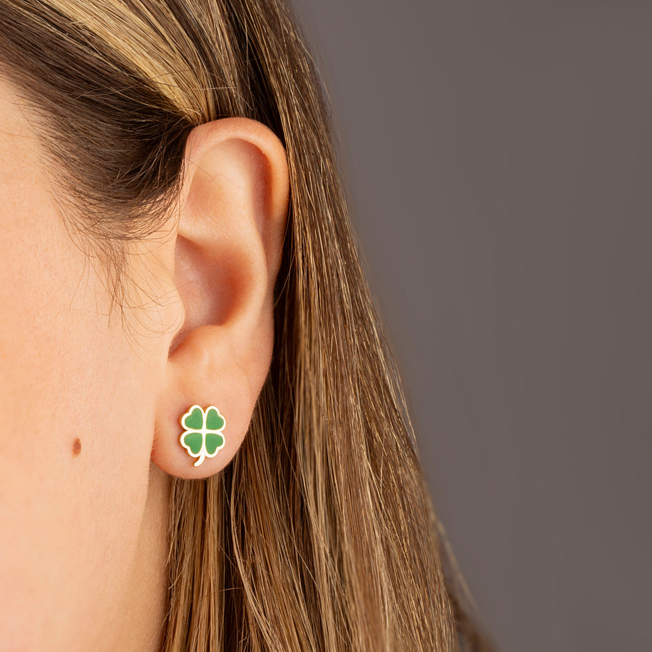 Yellow Gold Green Enamel 4 Leaf Clover Stud Earrings